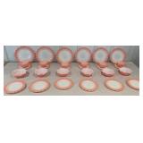 Box of pink and white Anchor Hocking serverware