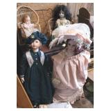 6 dolls with 2 wicker chairs