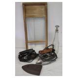 Box - washboard, irons, & laundry sprinkler
