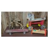 Ride on horse, skate board, doll trike, & hammer
