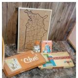 2 games, raggedy lamp, cork map, & book