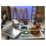 Box of misc - easels, vanity tray, ashtray,