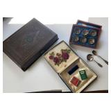 Neat lot of silver plate salt wells, spoons,