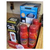 Box of fire extinguishers and wireless speaker