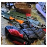 Basket lot, 3xl snowmobile jacket, 3 vests, bibs,