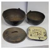 Tin Clock & 3pcs cast iron (small kettle has