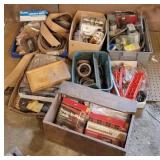 8 boxes/ tubs of hardware, sand paper, etc.