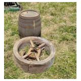 Wooden keg, and pulley.