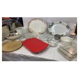 Shelf full of misc kitchen - platters, Pyrex