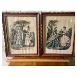 2 framed French Victorian ladies illustrations