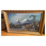 Framed landscape painting on canvas - with damage