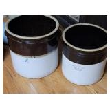 2x$ - 2 brown and white crocks 3 & 4 gallon