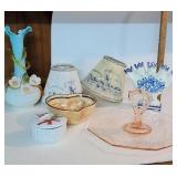 Box - pink dep tray, pr shades, vases, etc (1