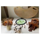 Fretwork clock, dream catcher, faux flora and lap