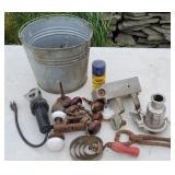 Pail lot of door parts, farm supplies.