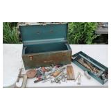 Tool box lot with contents. Sockets, ruler, tape