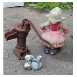 Lawn ornaments, pitcher pump.