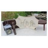 Stooltin sign, shelf, candle lantern.