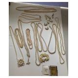 Pretty lot of pearl type jewelry and perfume nips
