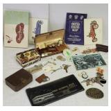 Box - guy stuff, adv incl Cortland bank bag, etc