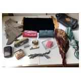 Box of misc wallets, umbrella, scarf jewelry box