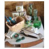 Tub lot - garden tools, canisters, flower frogs,