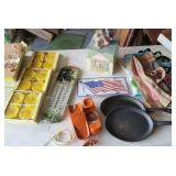 Box - orange phone, cast iron pans, floating