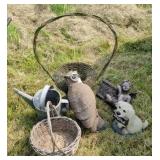 Baskets and yard ornaments.