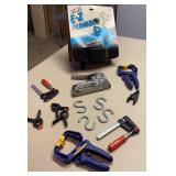 Box of clamps, S hooks, staple gun and E-Z