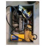 Tote with drills, stud finders, spade bits, etc