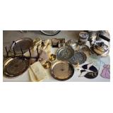 Misc box of silver plate trays, stained glass