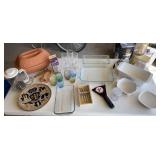 Blue tub of misc. kitchenware - Corelle/Pyrex