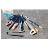 Bucket lot loppers, pry bar, saw, etc.