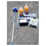 Box lot Cleaning supplies, tarp.