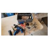 Tool box lot of grease gun, fencing pliers, buck