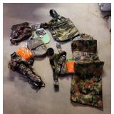 Camo bags, umbrella, poncho