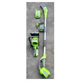 Green works cordless chainsaw and pole saw.