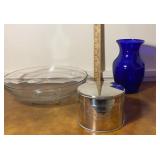 Clear HEAVY glass bowl, blue glass vase and