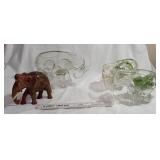 3 damaged glass elephants and wooden lacquered
