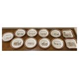 11 French gold and burgundy plates - VERY worn -