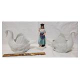 Three pieces Portuguese Ceramics, 2 bisque swans