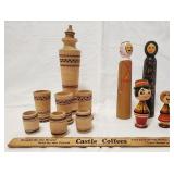 Wood decanter, cups &