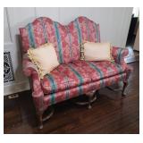 Down filled queen Anne loveseat stretcher base 1