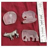 pewter cow and 3 satin glass elephants (1