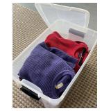 Clear tub of sweaters - LL Bean, Tommy Hilfiger,