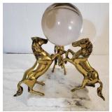 3 Brass Horses Holding Glass Sphere on Marble