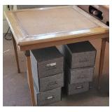 Wooden card table and six file boxes