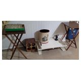 2 TV trays, white bed tray, wine holder, glasses,