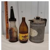 2 oil bottles & galvanized can