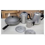 3 clean coffee pots with guts, fry pan, & lids